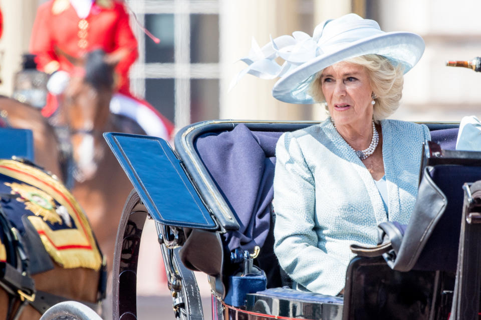 Camilla, Duchess of Cornwall wore a dusty light blue Bruce Oldfield coat and dress with a Philip Treacy hat, with her four-strand pearl and diamond clasp necklace. (PA Images)
