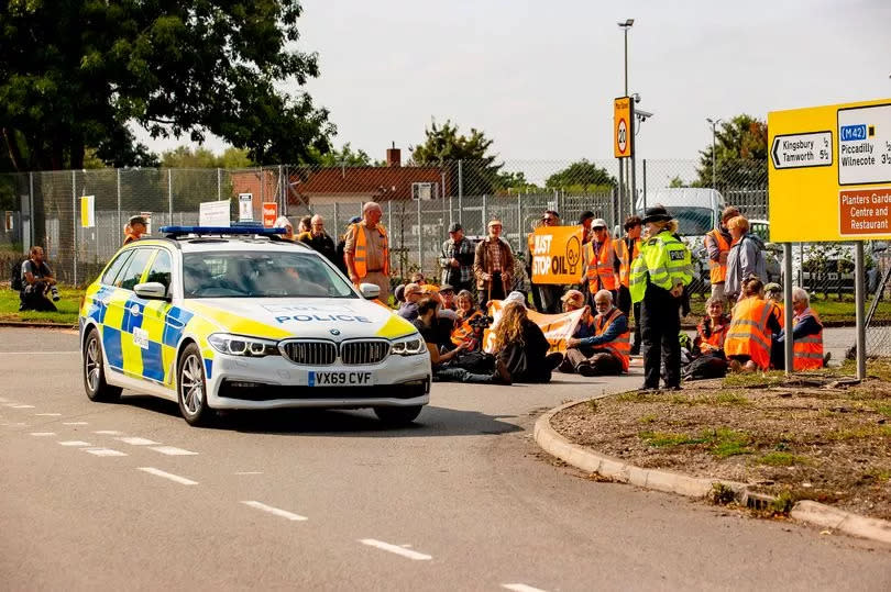 Photo shows Just Stop Oil protest at Kingsbury Oil Terminal, near Tamworth, on September 14