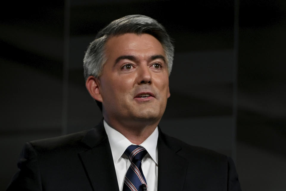 FILE - In this Oct. 9, 2020, file photo Republican U.S. Sen. Cory Gardner speaks during a debate with Democratic former Colorado Gov. John Hickenlooper in Denver. Gardner's re-election hinges on convincing the state's crucial slice of independent voters he's a nonpartisan problem-solver who will look out for the state. (Hyoung Chang/The Denver Post via AP, Pool, File)