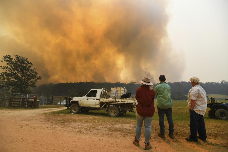 Locals watch smoke from a large bushfire outside Nana Glen, near Coffs Harbour, Tuesday, Nov. 12, 2019. Ferocious wildfires were burning at emergency-level intensity across Australia's most populous state on Tuesday as authorities warned most populations in their paths that there was no longer time to flee.(Dan Peled/AAP Images via AP)