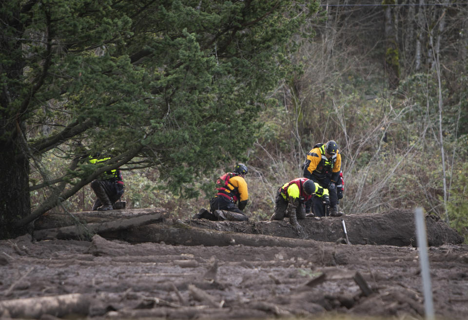 FILE - In this Thursday, Jan. 14, 2021 file photo, Search and rescue crews use metal rods to poke through the mud as they continue to search for a missing woman whose car was swept away by a landslide Wednesday in the Dodson area of the Columbia River Gorge, in Oregon. Sheriff’s deputies and firefighters on Saturday, Jan. 23, 2021 recovered the body of an Oregon woman whose vehicle was swept away in a deep mudslide during a winter storm last week. Jennifer Camus Moore, a registered nurse from Warrendale, Oregon, was driving in the Columbia River Gorge early Wednesday when her SUV was buried under about 15 feet of mud, rock and trees. (Brooke Herbert/The Oregonian via AP, File)