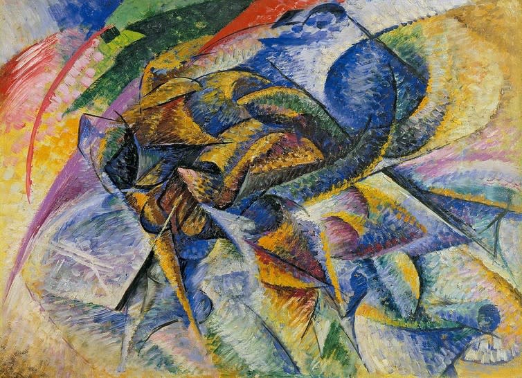 <span class="caption">Dynamism of a Cyclist by Umberto Boccioni.</span> <span class="attribution"><a class="link " href="https://upload.wikimedia.org/wikipedia/commons/0/03/Umberto_Boccioni%2C_1913%2C_Dynamism_of_a_Cyclist_%28Dinamismo_di_un_ciclista%29%2C_oil_on_canvas%2C_70_x_95_cm%2C_Gianni_Mattioli_Collection%2C_on_long-term_loan_to_the_Peggy_Guggenheim_Collection%2C_Venice.jpg" rel="nofollow noopener" target="_blank" data-ylk="slk:via Wikimedia Commons;elm:context_link;itc:0;sec:content-canvas">via Wikimedia Commons</a></span>