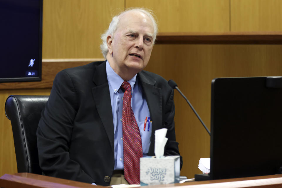 Former Georgia Gov. Roy Barnes testifies during a hearing on the Georgia election interference case, Friday, Feb. 16, 2024, in Atlanta. The hearing is to determine whether Fulton County District Attorney Fani Willis should be removed from the case because of a relationship with Nathan Wade, special prosecutor she hired in the election interference case against former President Donald Trump. (Alyssa Pointer/Pool Photo via AP)