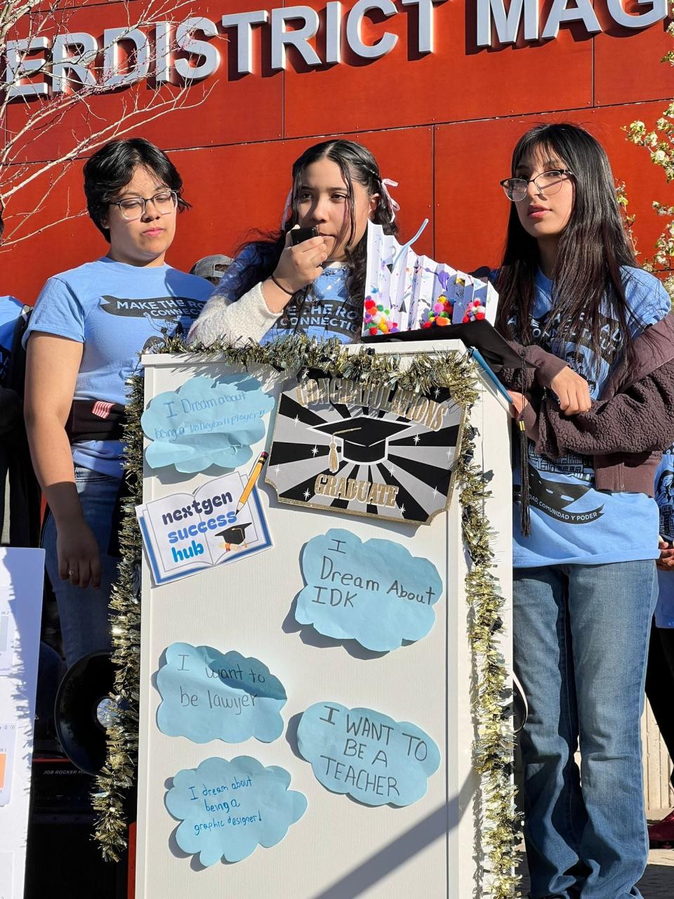 Tracey Elizabeth Garcia (left) and Arantza Victoria Gonzalez Cardenas (middle) say the disparities between their hometown and nearby communities are so drastic that people accept them as intractable. They serve as youth advocates for Make the Road Connecticut, a community organization that works on educational equity and other issues.