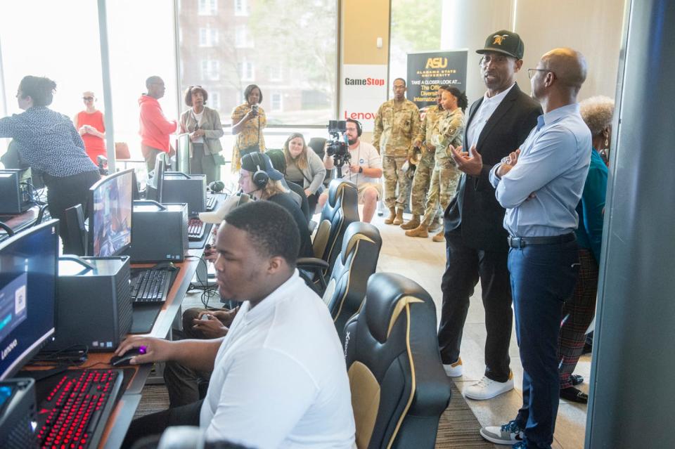 ASU football coach Eddie Robinson checks out the games during the opening of the ASU Gaming and Esports Lab at the John Garrick Hardy Center at Alabama State University in Montgomery, Ala., on Wednesday, March 8, 2023.
