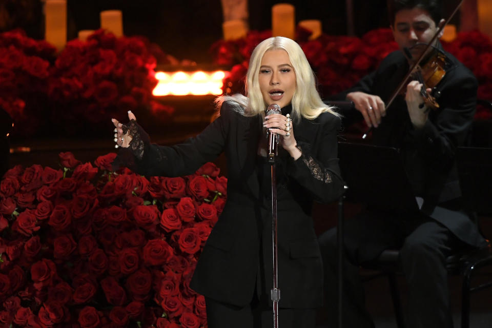 Christina Aguilera performs during The Celebration of Life for Kobe & Gianna Bryant at Staples Center on February 24, 2020 in Los Angeles, California.