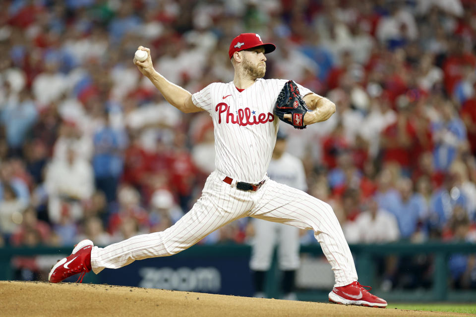 PHILADELPHIA, PENNSYLVANIA - OCTOBER 03: Zack Wheeler #45 of the Philadelphia Phillies pitches during the first inning against the Miami Marlins in Game One of the Wild Card Series at Citizens Bank Park on October 03, 2023 in Philadelphia, Pennsylvania. (Photo by Sarah Stier/Getty Images)