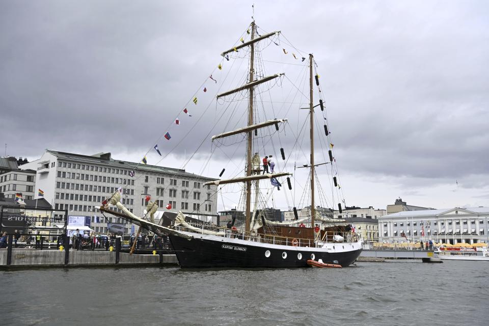 Polish ship Kapitan Glowacki during the opening day of the Tall Ships Races event in Helsinki, Finland, Thursday July 4, 2024. Dozens of impressive classic sailing vessels from 13 different countries currently plying the Baltic Sea arrived at the Finnish capital on Thursday at the end of the first leg of the Tall Ships Races that kicked off from the Lithuanian port city of Klaipeda late June. (Aada Pet'j'/Lehtikuva via AP)