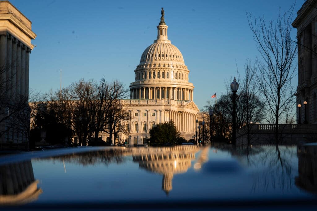 The exterior of the U.S. Capitol building is seen at sunrise on February 8, 2021 in Washington, DC. (Photo by Sarah Silbiger/Getty Images)