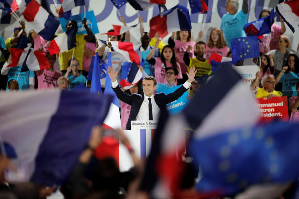 Emmanuel Macron attends a campaign rally in Paris