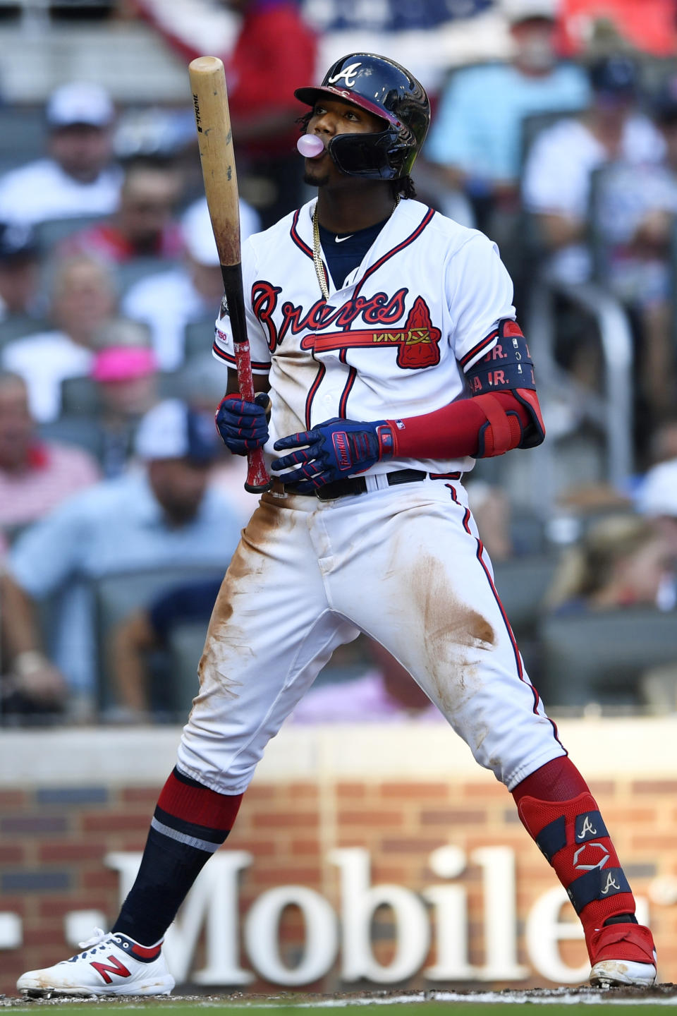 Atlanta Braves center fielder Ronald Acuna Jr. (13) prepares to bat in the second inning during Game 1 of a best-of-five National League Division Series against the St. Louis Cardinals, Thursday, Oct. 3, 2019, in Atlanta. (AP Photo/John Amis)