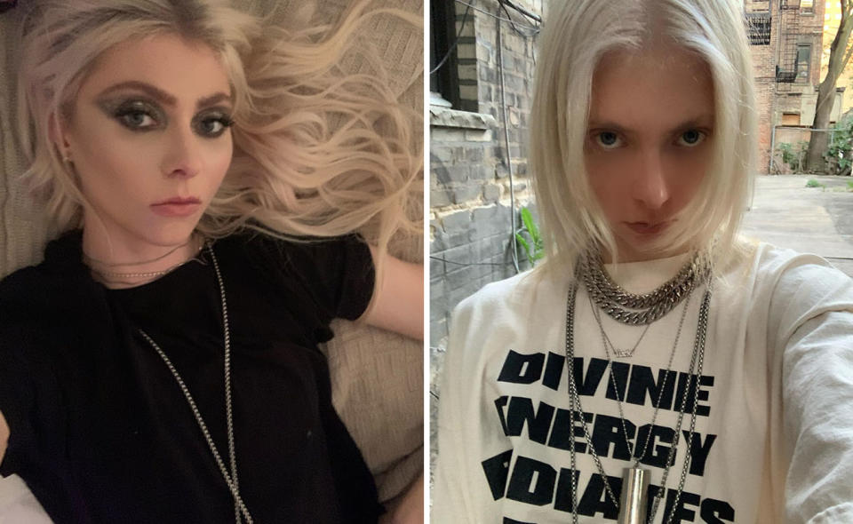 L: Selfie of Taylor Momsen laying on a coach with heavy makeup and her hair splayed out. R: Selfie of Taylor Momsen on the street