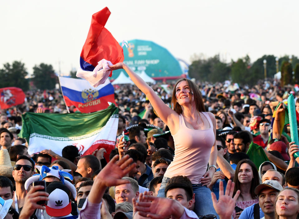 <p>Supporters during the 2018 FIFA World Cup Russia group A match between Russia and Saudi Arabia at Luzhniki Stadium on June 17, 2018 in Moscow, Russia. (Photo by Claudio Villa – FIFA/FIFA via Getty Images) </p>