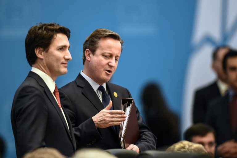 Canadian Prime Minister Justin Trudeau (L) and British Prime Minister David Cameron attend a working session on the Global Economy during the G20 summit in Antalya, on November 15, 2015