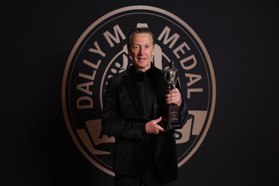 SYDNEY, AUSTRALIA - OCTOBER 02: Craig Bellamy head coach of the Storm poses with the Coach of the Year Award during the 2024 Dally M Awards at Royal Randwick Racecourse on October 02, 2024 in Sydney, Australia. (Photo by Mark Metcalfe/Getty Images)