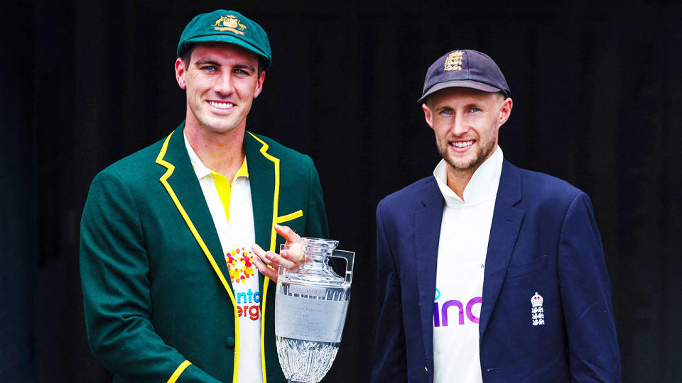 On the left is Australian Test captain Pat Cummins alongside England counterpart Joe Root.