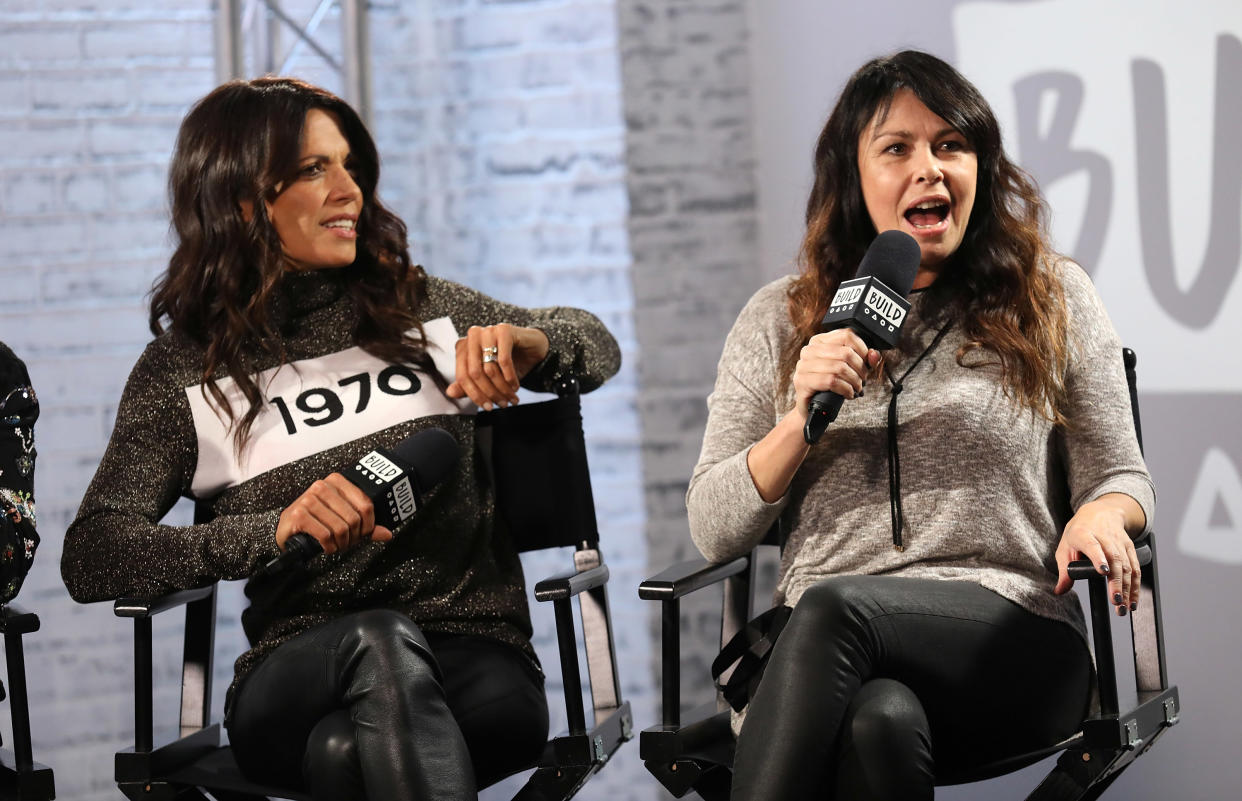 LONDON, ENGLAND - SEPTEMBER 27:  Julie Graham (r) and Jenny Powell discuss the medias role in ageism during a BUILD LND event at AOL on September 27, 2017 in London, England.  (Photo by Tim P. Whitby/Tim P. Whitby/Getty Images)