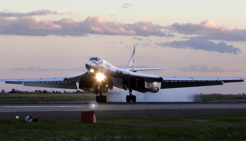 FILE - Russia's strategic bomber Tu-160 or White Swan, the largest supersonic bomber in the world, lands at Engels Air Base near Saratov, about 700 kilometers (450 miles) southeast of Moscow, Aug. 7, 2008. Sometime this summer, if President Vladimir Putin can be believed, Russia moved some of its short-range nuclear weapons into Belarus, closer to Ukraine and onto the doorstep of NATO’s members in Central and Eastern Europe. (AP Photo/Misha Japaridze, File)