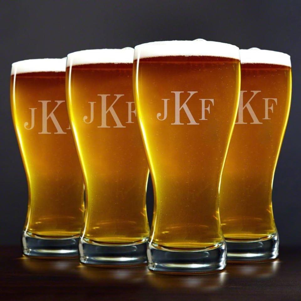 <p><a href="https://www.amazon.com/Classic-Monogram-Pilsner-Glasses-Customizable/dp/B01LYMZ7QU/?tag=syn-yahoo-20&ascsubtag=%5Bartid%7C2164.g.43724544%5Bsrc%7Cyahoo-us" rel="nofollow noopener" target="_blank" data-ylk="slk:Shop Now;elm:context_link;itc:0;sec:content-canvas" class="link ">Shop Now</a></p><p>Monogram Pilsner Beer Glasses, Set of 4</p><p>$39.95</p><span class="copyright">Amazon</span>