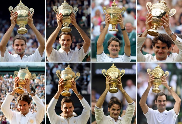 Combination picture shows Switzerland's Roger Federer holding up the Wimbledon Championships men's singles trophy after winning each of his eight titles