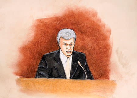 A sketch of plaintiff David Mueller in Denver Federal Court during the Swift groping trial in Denver U.S. August 8, 2017. REUTERS/Jeff Kandyba