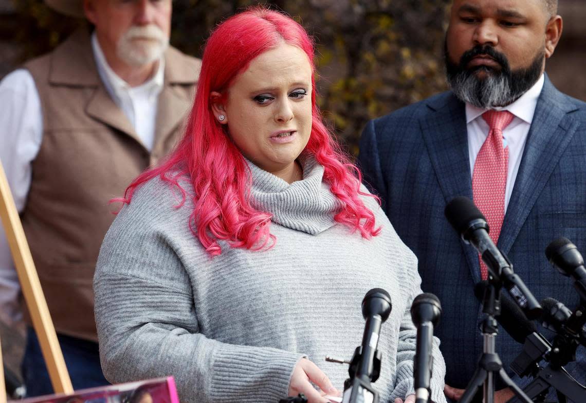 Maitlyn Gandy gives a statement about the death of her daughter, Athena Strand, 7, at the Wise County Courthouse in Decatur on Thursday, Dec. 8, 2022. A FedEx Ground driver is accused of kidnapping and killing Athena on Nov. 30.