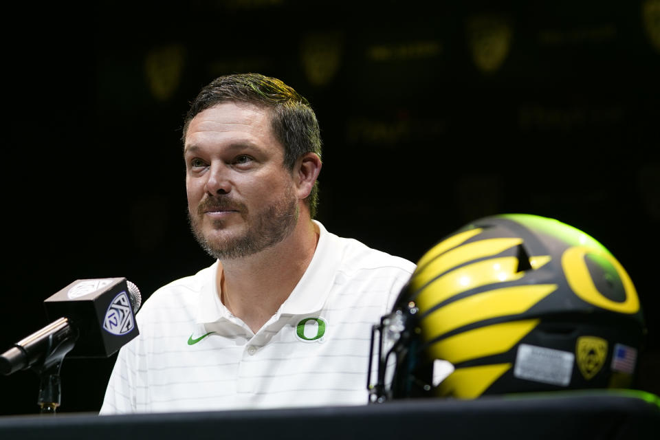 Oregon head coach Dan Lanning speaks during Pac-12 Conference men's NCAA college football media day Friday, July 29, 2022, in Los Angeles. (AP Photo/Damian Dovarganes)