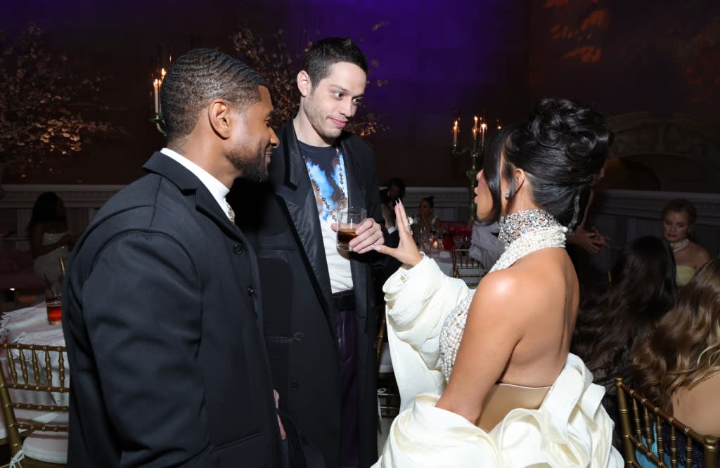 NEW YORK, NEW YORK - MAY 01: (L-R) Usher, Pete Davidson, and <span class="caas-xray-inline-tooltip"><span class="caas-xray-inline caas-xray-entity caas-xray-pill rapid-nonanchor-lt" data-entity-id="Kim_Kardashian" data-ylk="cid:Kim_Kardashian;pos:1;elmt:wiki;sec:pill-inline-entity;elm:pill-inline-text;itc:1;cat:Personality;" tabindex="0" aria-haspopup="dialog"><a href="https://search.yahoo.com/search?p=Kim%20Kardashian" data-i13n="cid:Kim_Kardashian;pos:1;elmt:wiki;sec:pill-inline-entity;elm:pill-inline-text;itc:1;cat:Personality;" tabindex="-1" data-ylk="slk:Kim Kardashian;cid:Kim_Kardashian;pos:1;elmt:wiki;sec:pill-inline-entity;elm:pill-inline-text;itc:1;cat:Personality;" class="link ">Kim Kardashian</a></span></span> attend The 2023 Met Gala Celebrating "Karl Lagerfeld: A Line Of Beauty" at The Metropolitan Museum of Art on May 01, 2023 in New York City. (Photo by Kevin Mazur/MG23/Getty Images for The Met Museum/Vogue)