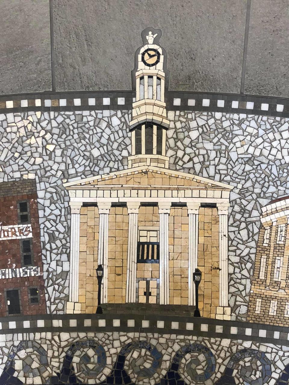 Historic Petersburg Courthouse featured in the award-winning mosaic created by Cindy Haynie of Appomattox Tile Art located in the atrium at the Petersburg Public Library.