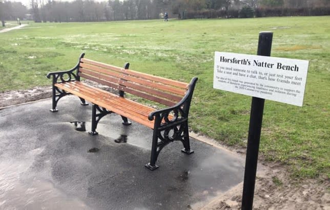 Two people will be allowed to sit on the bench in Hall Park in Horsforth, Leeds (Twitter/Jonathon Taylor)