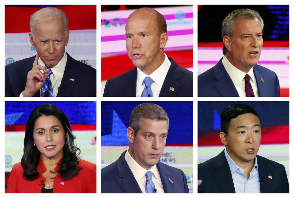This combination of June 26 and 27, 2019 photos from the first round of Democratic debates in Miami shows, top row from left, former Vice President Joe Biden, former Maryland Congressman John Delaney and New York City Mayor Bill de Blasio; bottom row from left, Hawaii Rep. Tulsi Gabbard, Ohio Rep. Tim Ryan and entrepreneur Andrew Yang. On Friday, July 5, 2019, The Associated Press reported on stories circulating online incorrectly asserting not a single Democratic presidential candidate wore an American flag lapel pin during the first round of Democratic debates. (AP Photo/Wilfredo Lee)