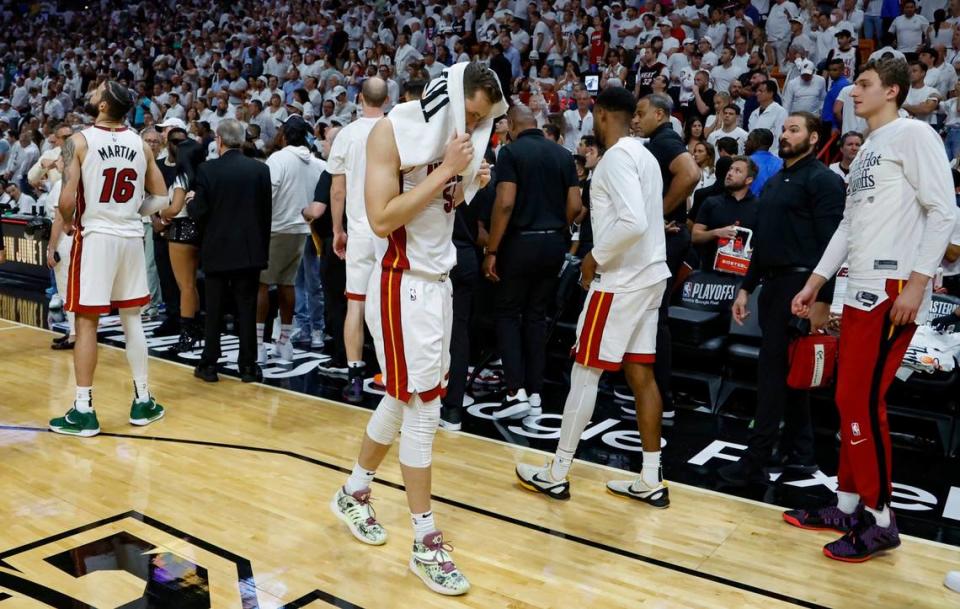 Miami Heat forward Duncan Robinson (55) reacts after the Boston Celtics defeat the Heat in Game 6 of the Eastern Conference finals at the Kaseya Center in Miami on Saturday, May 27, 2023.