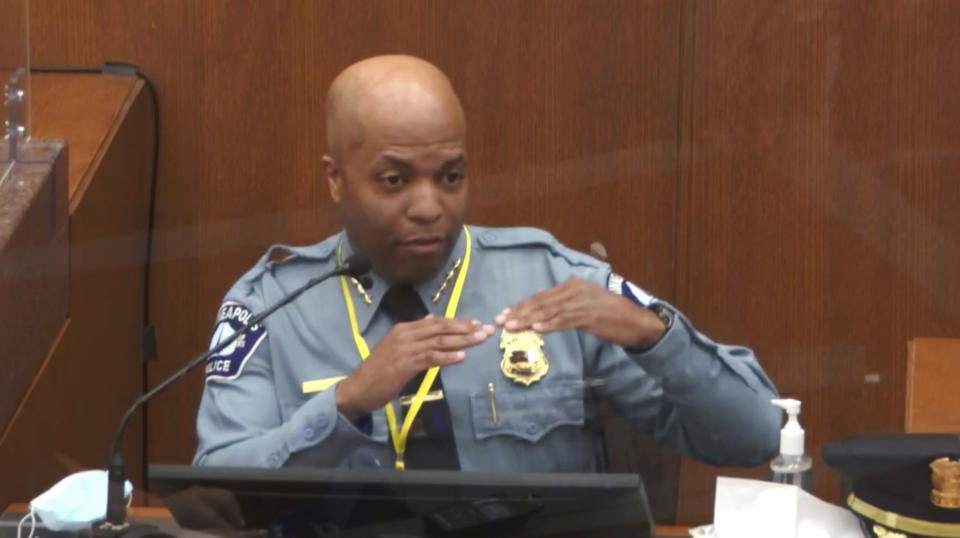 In this image from video, witness Minneapolis Police Chief Medaria Arradondo testifies as Hennepin County Judge Peter Cahill presides Monday, April 5, 2021, in the trial of former Minneapolis police Officer Derek Chauvin at the Hennepin County Courthouse in Minneapolis. Chauvin is charged in the May 25, 2020 death of George Floyd. (Court TV via AP, Pool)