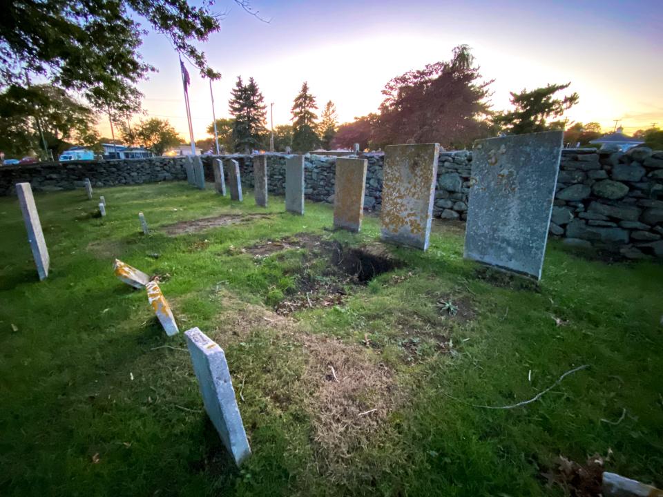 The land above a grave has settled at Jonathan Slade Cemetery on Riverside Avenue in Somerset.