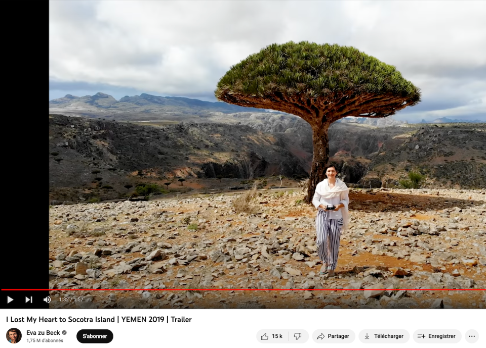 Ces dernières années, Socotra est devenue une destination touristique de plus en plus populaire, comme en témoigne par exemple cette vidéo de l’influenceuse voyage Eva zu Beck à Socotra. Capture d’écran