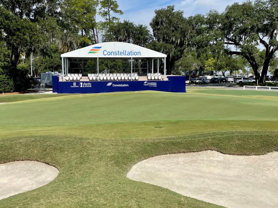 A view of the 18th green at the Timuquana Country Club from a spectator area for the Constellation Furyk & Friends PGA Tour Champions event. The Jim and Tabitha Furyk Foundation invested $1.5 million for new tents, scaffolding and foundation work at the course.