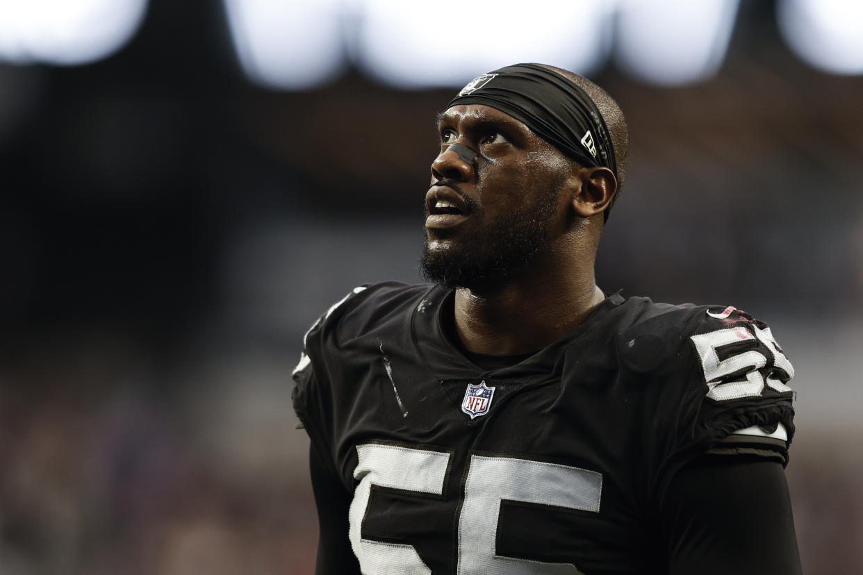 LAS VEGAS, NEVADA - DECEMBER 18: Chandler Jones #55 of the Las Vegas Raiders looks on during an NFL football game between the Las Vegas Raiders and the New England Patriots at Allegiant Stadium on December 18, 2022 in Las Vegas, Nevada. (Photo by Michael Owens/Getty Images)