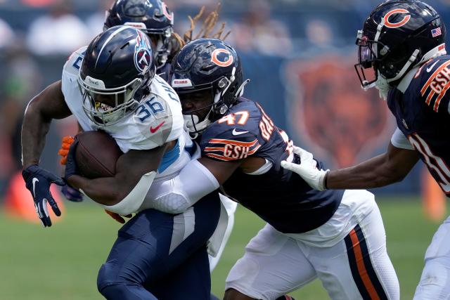 Chicago Bears fullback Robert Burns (45) celebrates after scoring a  touchdown against the Buffalo Bills during the second half of an NFL  preseason football game, Saturday, Aug. 26, 2023, in Chicago. (AP