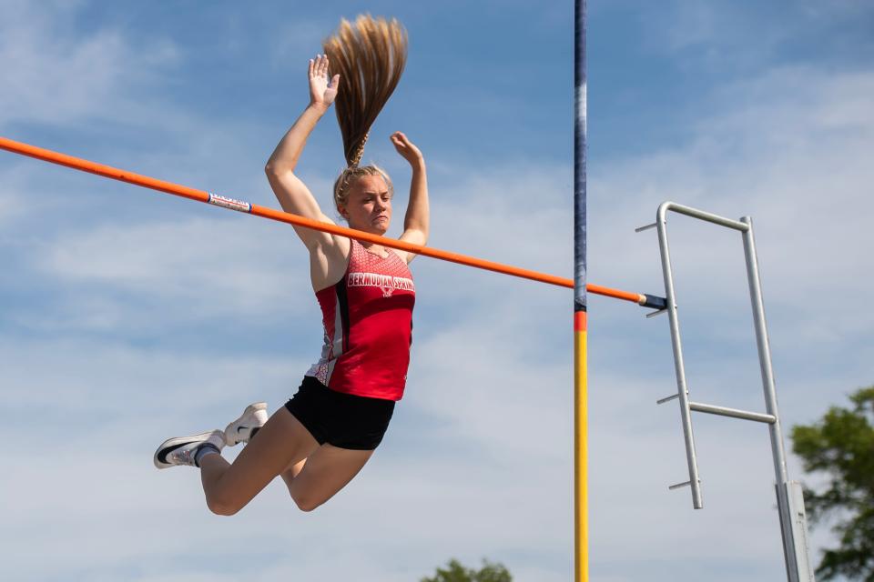 Bermudian Springs junior Lily Carlson clears 12' 3" in the pole vault competition during the YAIAA Track and Field Championships at Dallastown Area High School on May 8, 2024.