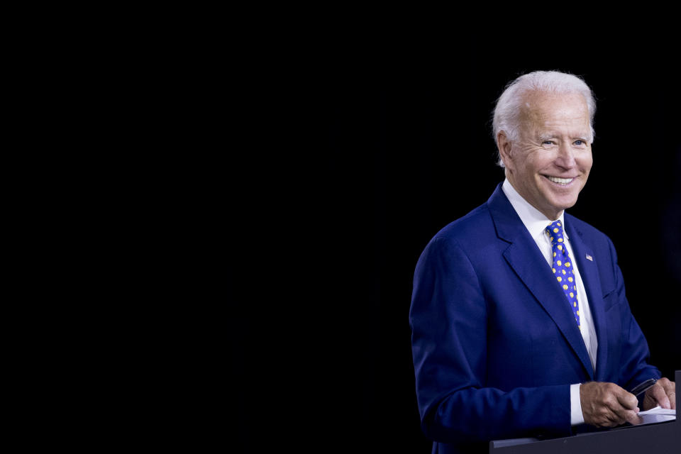 Democratic presidential candidate former Vice President Joe Biden smiles at a campaign event at the William "Hicks" Anderson Community Center in Wilmington, Del., Tuesday, July 28, 2020.(AP Photo/Andrew Harnik)