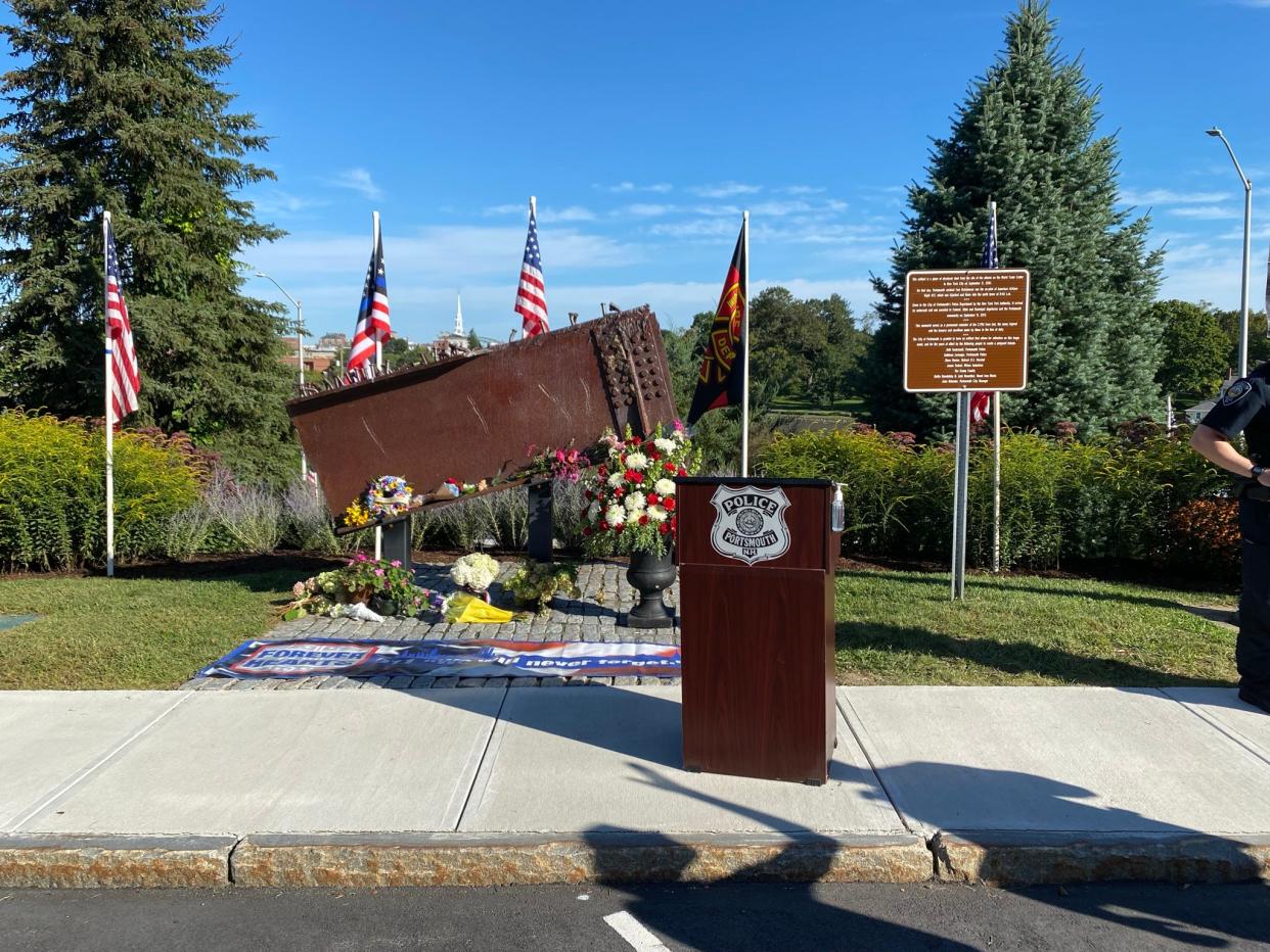 The Sept. 11 Steel Artifact Memorial that is displayed in front of Portsmouth City Hall and Police Headquarters.