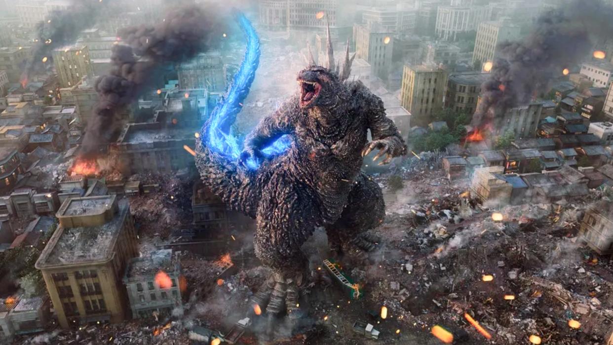  Godzilla stands among wrecked buildings and rubble after leveling a portion of Tokyo's Ginza district in Godzilla Minus One. 