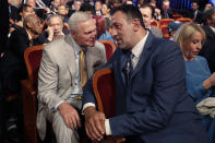 Inductee Vlade Divac, right, chats with Jerry West before the Basketball Hall of Fame enshrinement ceremony Friday, Sept. 6, 2019, in Springfield, Mass. (AP Photo/Elise Amendola)