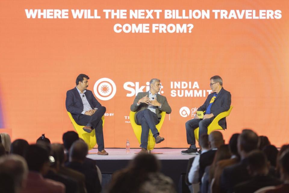 Yatra CEO Dhruv Shringi (centre) at the Skift India Summit. Skift