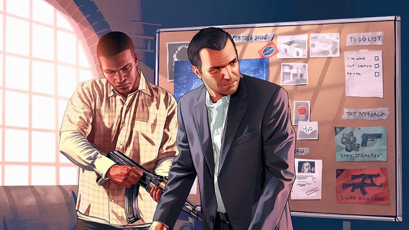 GTA V protagonists Franklin (left) and Michael (right) stand in a room with what looks like an evidence board.