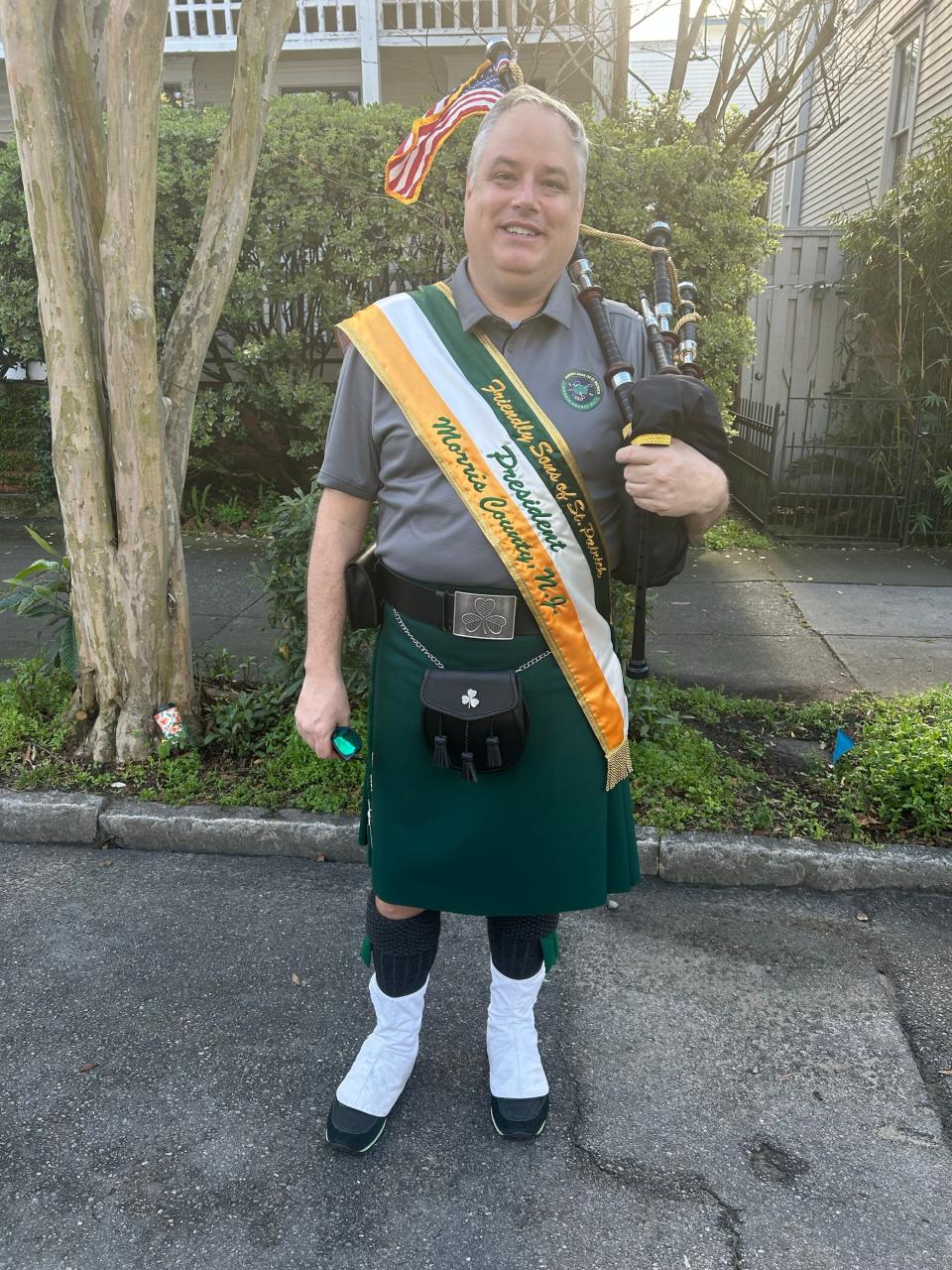 Jon Conway of the Guard Pipes and Drums band has been a bagpiper for 19 years. A police officer in Morris County, NJ, Conway said this was the first year he was able to travel to Savannah for the parade.