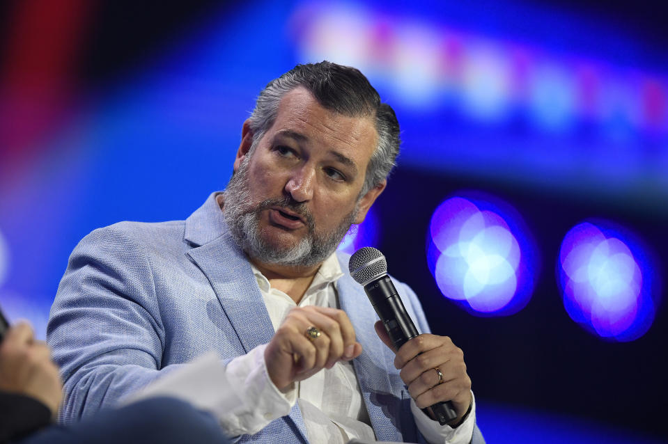 Sen. Ted Cruz records a podcast during the Turning Point Action Conference, Sunday, July 16, 2023, in West Palm Beach, Fla. (AP Photo/Michael Laughlin)