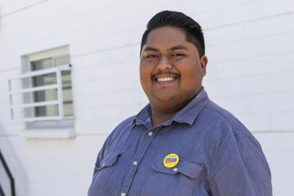 Alberto Rodriguez, 24, poses for a photo outside the Culinary Union on Wednesday, July 26, 2023, in Las Vegas. Joe Biden, America's oldest president, will need the support of young voters as he seeks reelection in 2024. Voters like Rodriguez were a key piece of Biden’s winning 2020 coalition, which included majorities of young people as well as college graduates, women, urban and suburban voters and Black Americans. Maintaining their support will be critical in closely contested states such as Nevada, where even small declines could prove consequential to Biden's reelection bid. (AP Photo/Ty ONeil)