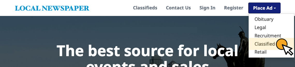 Click the “Place Ad” button in the top right hand corner and select “Classified” from the pop-up menu
