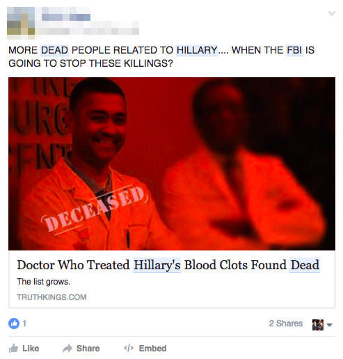 <a href="http://www.snopes.com/doctor-who-treated-hillary-clinton-dies/" target="_blank">False</a>.